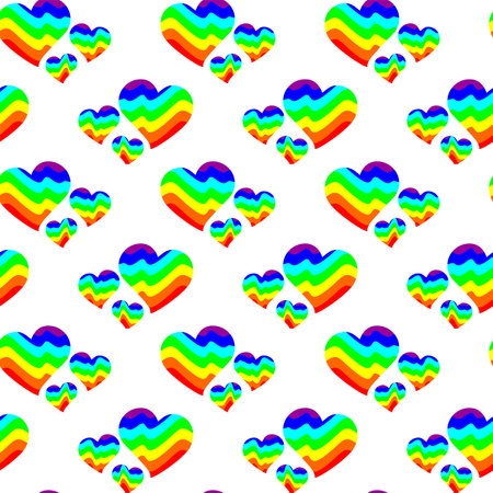 Vector seamless pattern of three different hearts. Abstract image depicting mountains or sea waves in colors of rainbow. Multicolored backgroundのイラスト素材