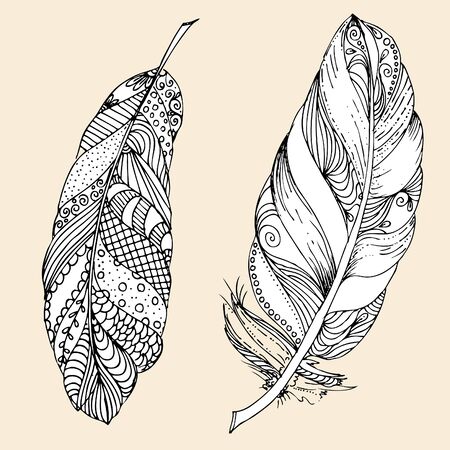 Hand drawn vector doodle Feathers. sketch for adult antistress coloring page, tattoo, poster, print, t-shirt, invitation, cards, banners, calendarsのイラスト素材
