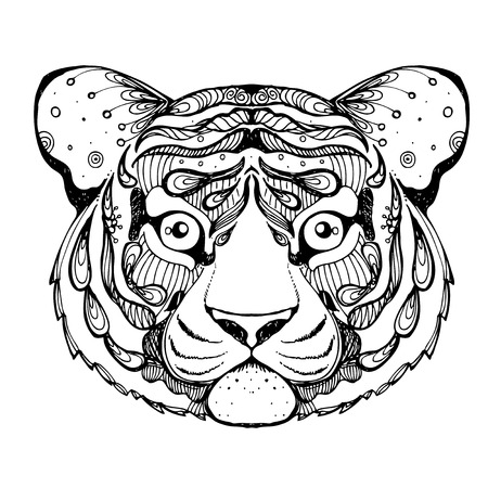 hand drawn ink doodle tiger on white background. Coloring page - zendala, design forr adults, poster, print, t-shirt, invitation, banners, flyers.のイラスト素材