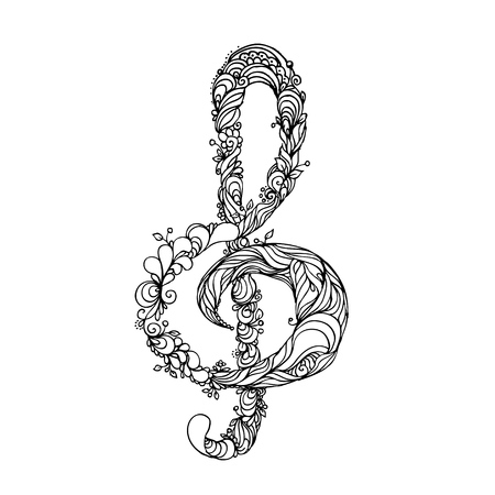 hand drawn ink doodle treble clef on white background. Coloring page - zendala, design for adults, poster, print, t-shirt, invitation, banners, flyers.のイラスト素材