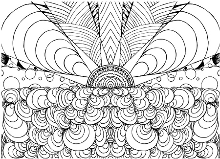 hand drawn ink doodle sun and sea on white background. Coloring page - zendala, design for adults, poster, print, t-shirt, invitation, banners, flyers.のイラスト素材