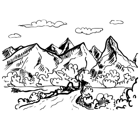 Hand drawn landscape with mountains. vintage illustration.のイラスト素材