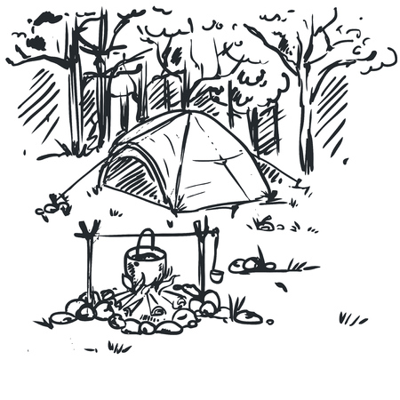 landscape with tent and forest. sketch.のイラスト素材