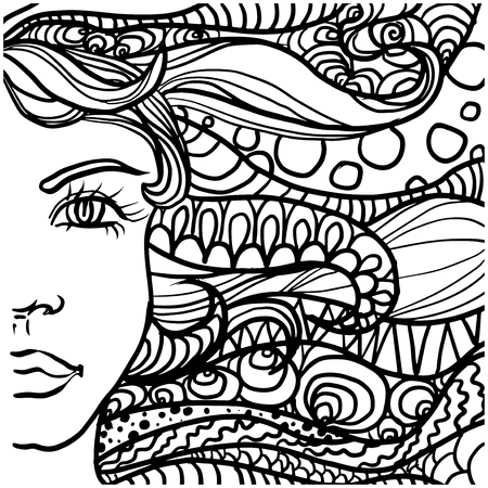ink doodle woman face and flowing hair on white background. design for adults, poster, print, t-shirt, invitationのイラスト素材
