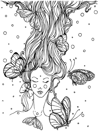 ink doodle girls face and flowing hair on white background. design for adults, poster, print, t-shirt, invitationのイラスト素材