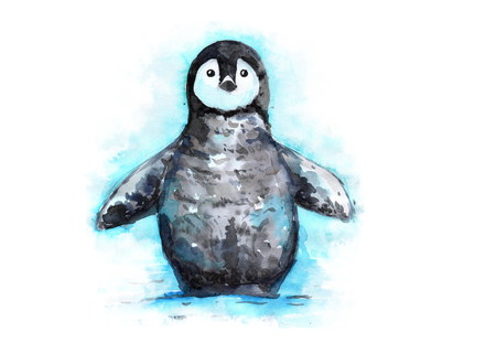 hand drawn penguin watercolor illustration. little penguin in the snow.の写真素材