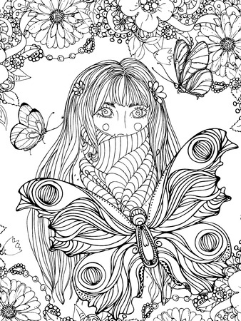 hand drawn ink doodle girls face and flowing hair, butterfly, flowers on white background. design for adults, poster, print, t-shirt, flyers. sketch. vector eps 8.のイラスト素材