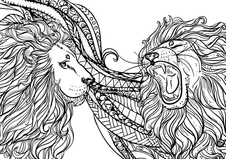 Hand drawn vector illustration of doodle lion with open mouth. sketch. design for adults, poster, print, t-shirt, flyers. vector eps 8.の写真素材