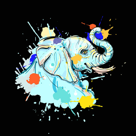 hand drawn illustration of color elephant on black background . design for poster, print, t-shirt, flyers. sketch. vector eps 8.のイラスト素材