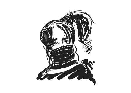 Detailed hand drawn black and white illustration of masked girl. sketch. Vector. Elements in graphic style label, card, sticker.のイラスト素材