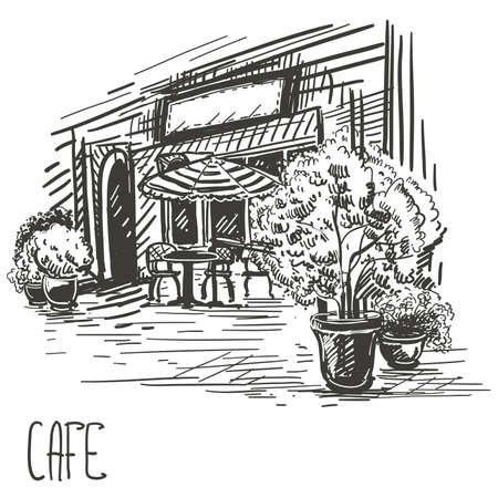 Hand drawn sketch black and white cafe.のイラスト素材