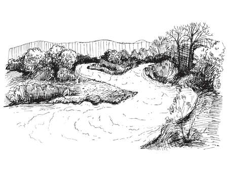 Detailed hand drawn ink black and white illustration of river, tree, leaf. sketch. Vector eps 8のイラスト素材