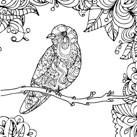 hand drawn vector illustration of doodle bird sitting on branch in leaves isolated on white backgroundのイラスト素材
