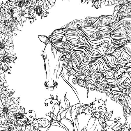 hand drawn ink doodle horse and flowers on white backgroundのイラスト素材
