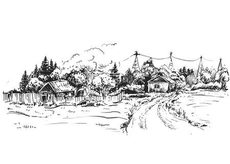 Hand drawn sketch black and white set of farm house, tree, leaf. Vector illustration. Elements in graphic style label, card, sticker, menu, package.のイラスト素材