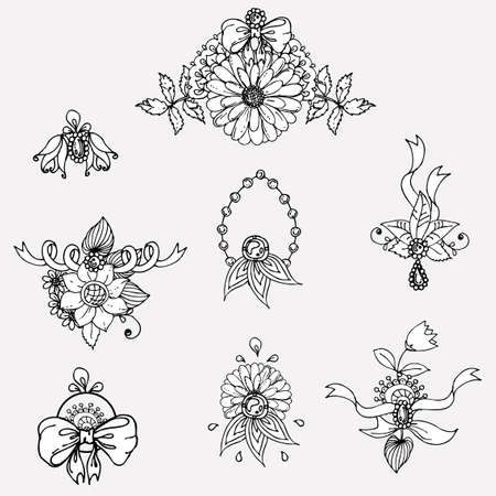 black and white doodle drawn set of floral ornament with flower and leaf and ribbons. sketch. Vector eps 8のイラスト素材