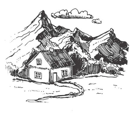 Set mountains sketch. Hand drawn vector illustration. Mountain travel, highlands range. Dot and line art. Rocky peaks. Landscape silhouette.のイラスト素材