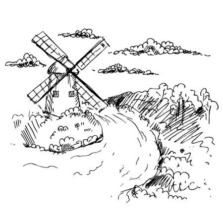 hand drawn ink the windmill stands on the banks of the river on white background.のイラスト素材