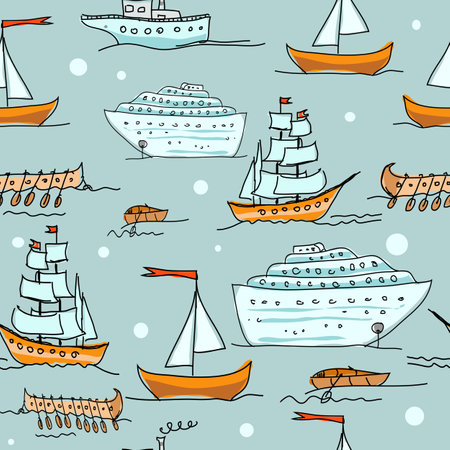 Detailed hand drawn illustration seamless pattern of sea liner, boat. sketch. Vector. Elements in graphic style label, card, sticker, menu, package.のイラスト素材