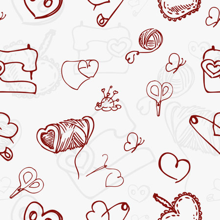 Detailed hand drawn illustration seamless pattern of sewing, threads, needles. sketch. Vector. Elements in graphic style label, card, sticker, menu, packageのイラスト素材