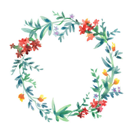 a wreath of red and yellow wildflowersの写真素材