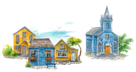Small town. Lovely old houses on the coast,. stock watercolor illustration. Isolated on the white background. Villageの写真素材