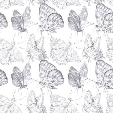 Seamless pattern with hand drawn insects on white background.Fly, moth, butterfly. Nature illustration print, textureの写真素材