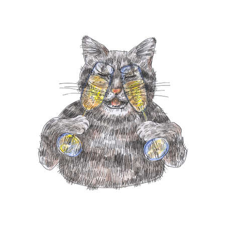 Stylish illustration of characters' doodles for menus, prints, postcards, posters, wallpapers.a cat with two glasses of champagne. hand-drawn drawing on a white backgroundの写真素材