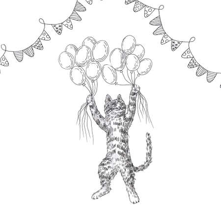 a hand-drawn drawing of a funny cat with balloons on a white background. Birthday. Flags for decorating the back of a cute cat with balls. Funny Kitten Wishing You a Happy Birthdayの写真素材