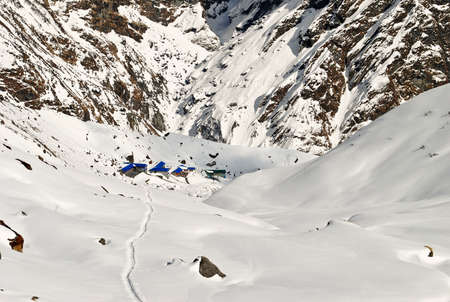Himalayan mountains in the snow and base campの写真素材