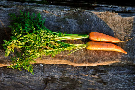 Bunch of fresh carrots with green leaves. Unpainted wooden backgroundの写真素材