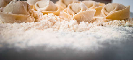 Russian traditional pelmeni with raw meat. Close upの写真素材