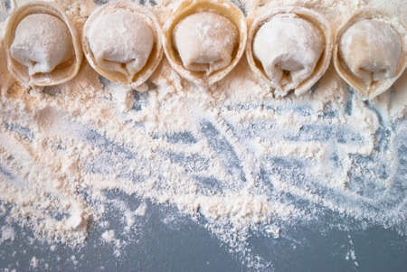 Uncooked meat dumplings lies on a flour and gray tableの写真素材