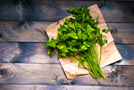 Tied bunch of fresh parsley on a piece of paperの写真素材