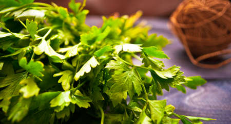 Bunch of fresh parsley and rope tangle on wooden table