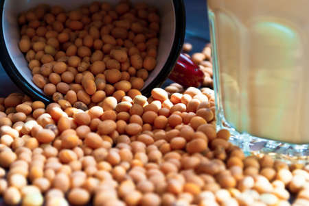 Glass of soy milk and dried soy beans in the pannikinの写真素材