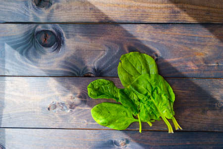 Bright green spinach leaves in shadow on wooden background