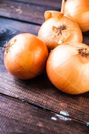 Raw onion on a wooden table in rustic styleの写真素材