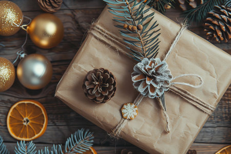 Beautifully Wrapped Christmas Present with Natural Elements like String, Cones, and Ornamentsの素材