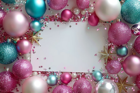 Elegant Christmas Festive Card Design with Pastel Baubles, Turquoise, Pink, and Pearl Frame Spaceの素材