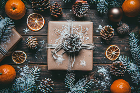 Beautifully Wrapped Festive Christmas Present on a Rustic Wooden Surface with Oranges and Pineconesの素材