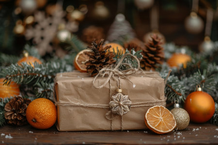 Gift Wrapped in Brown Craft Paper Decorated with Natural Christmas Elements for Festive Decorの素材