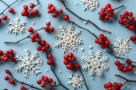 Charming Winter Arrangement Featuring Snowflakes and Red Berries on blue backgroundの素材