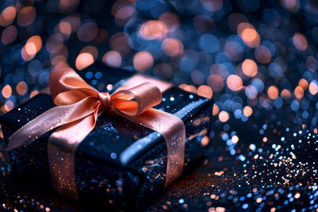 Chic Christmas Gift Wrapped with Stylish Packaging and Ribbons Against a Glowing Light Backgroundの素材