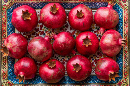 A Vibrant Collection of Pomegranates on an Ornate Tray, Showcasing Autumns Rich Colors and Texturesの素材