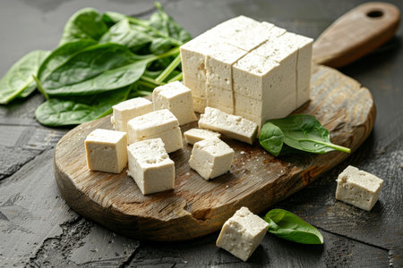 Fresh Tofu Cubes on Wooden Cutting Board with Green Spinach, Healthy Meal Preparation Ingredientsの素材