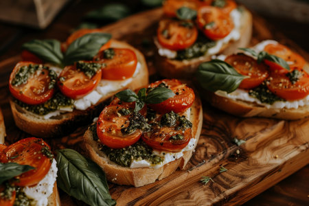 Delicious Bruschetta with Fresh Tomatoes and Basil for Italian Antipasto, Perfect Appetizer Snackの素材