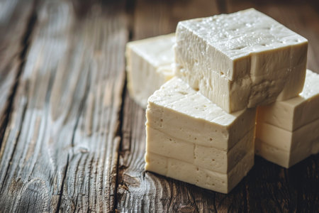 Close Up of Fresh Cubed White Tofu Stacked on Rustic Wooden Table for Delicious Food Imagesの素材