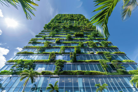 Innovative skyscraper office design featuring lush rooftop greenery and vibrant tropical plantsの素材
