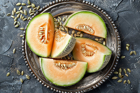Vibrant and Fresh Melon Slices Artfully Arranged on a Decorative Silver Trayの素材
